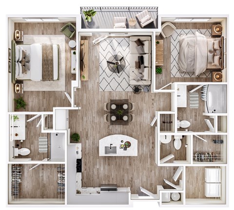 Floor plan for 2 beds, 2.5 baths, 1212 sqft